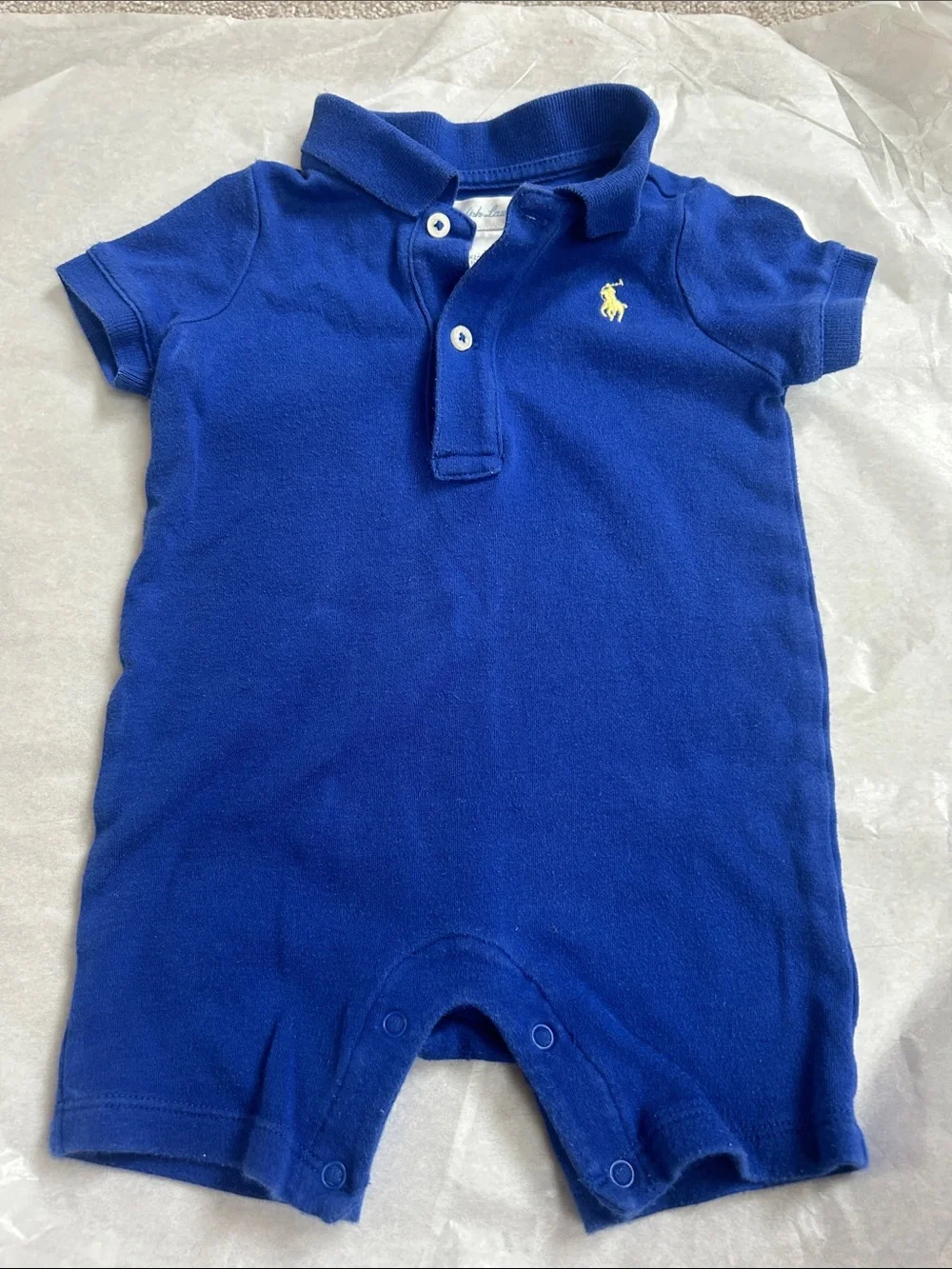 Ralph Lauren Royal Blue Polo Romper with Yellow Pony